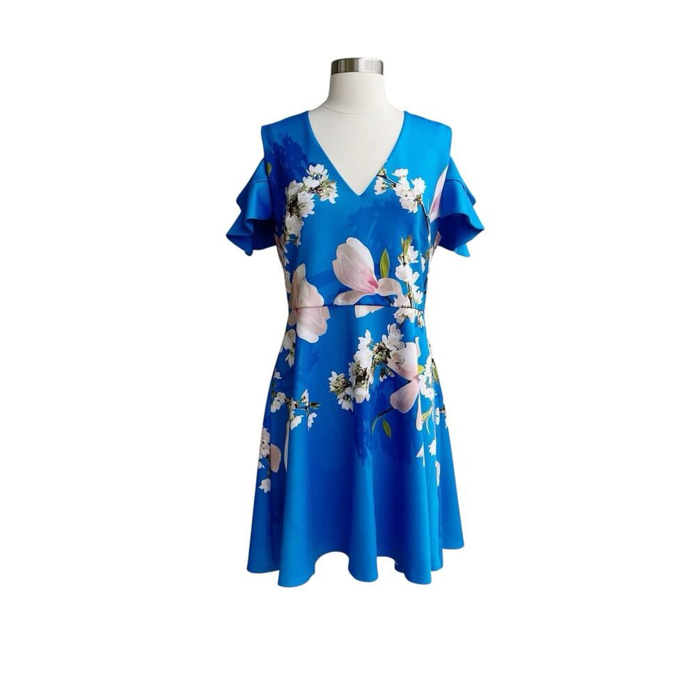Ted Baker Dress 4 Blue Floral Skater Ambre Harmony Cold Shoulder Flutter Sleeve